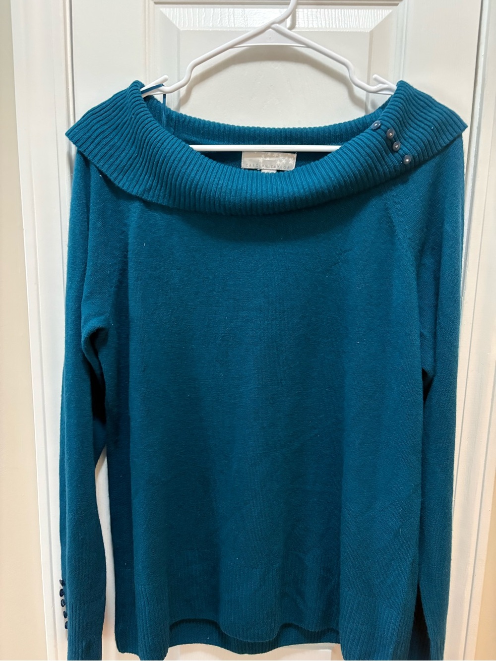 Carolyn Taylor Teal Off-the-Shoulder Ribbed Collar Sweater